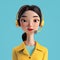 Call center asian female agent. 3d character Woman in yellow suit with a headset. Customer support line