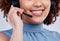 Call center, mouth and happy woman, agent or consultant talking, virtual communication and tech support. Insurance, loan