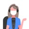 Call center operator woman with headset and microphone wearing face mask air pollution customer service support concept