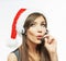 Call center operator. Woman white background portrait. Santa Ch