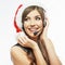 Call center operator. Woman white background portrait. Santa Ch