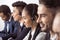 Call center operators in headsets working together