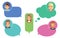 Call center operators. Support avatars, online help service. Cute cartoon girl boy in speech bubbles vector illustration
