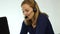 Call center representative talking on helpline, Headset telemarketing positive female call center agent at work. 4K