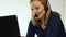 Call center representative talking on helpline, Headset telemarketing positive female call center agent at work. 4K