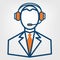 Call center support vector sign, man in handsfree headphones icon