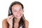 Call center young pretty woman support phone operator in headset smile happy