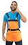 Call a hispanic construction worker with orange protective gear
