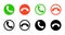 Call icon in phone. Button for answer or decline. Green, red and black icons for end or accept of mobile call. Symbol of incoming