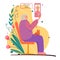 Call your mom. Cartoon illustration for mother`s day. Elderly woman sits on bench, holds smartphone. Cat lies on grandmother`s l