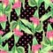 Calla flowers on black background  with pink pea-coal. Seamless pattern.