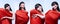 Callage. Portraits of young beautiful Japanese woman, dancer performing in red fabric isolated over blue background