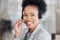 Callcenter consultant, black woman and CRM, smile in portrait with phone call, communication and contact us. Happy