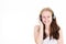 Callcenter woman customer support phone operator in headset aside copy space on white background