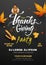 Calligraphy of Happy Thanksgiving Party with turkey bird, autumn leaves and event details on grey background.
