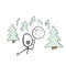 Calling for help. Man in woods lost his way. Can not find a path in forest. Calling for help. Hand drawn. Stickman cartoon. Doodle