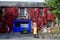 The Callura Pottery in Mountshannon with an ancient gasoline pump in front. County Clare, Ireland