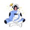 Calm astronaut woman in spacesuit and helmet in yoga pose flat vector illustration. Girl cosmonaut character. Female