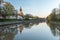 Calm Aura river and the cathedral in Turku, Finland in spring morning