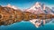 Calm autumn view of Cheserys lake with Mount Blank on background, Chamonix location. Fantastic evening scene of Vallon de Berard N