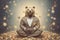 a calm bear manager meditating with money, created with Generative AI technology