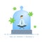 Calm businessman meditating under the glass dome with viruses flying around. Coronavirus prevention, stay indoors, world