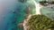 Calm colorful azure turquoise sea near tiny tropical volcanic island Koh Tao, unique small paradise Nang Yuan. Drone