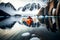 calm drifting on water among ice of snow and rocks winter kayaking in antarctica