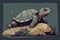 A calm and easygoing turtle basking on a rock - This turtle is basking on a rock or a log in its terrarium or aquarium. Generative
