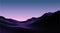 Calm evening landscapewith mountains and violet sky over pink horizon. Polygonal terrain in 80s vaporwave style.