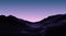 Calm evening landscapewith mountains and violet sky over pink horizon. Polygonal terrain in 80s vaporwave style.