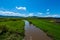 Calm flowing Olt river , vibrant green fields at spring