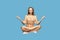 Calm girl levitating with mudra gesture hands up, closed eyes, meditating sitting in yoga position