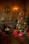 Calm image of interior Classic New Year Tree decorated with fireplace