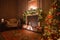 Calm image of interior Classic New Year Tree decorated in a room with fireplace