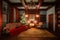 Calm image of interior Classic New Year Tree decorated in a room with fireplace