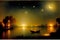 Calm lake with boat under starry night sky