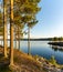 Calm lake with small island and golden sunset evening light on the trees and forest on the lakeshore in the foreground