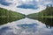 Calm lake with waterlilies and pine forest reflected in the water