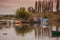 Calm morning on river with duck and swan