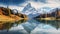 Calm morning scene of Swiss Alps. Huge Santi\\\'s peak reflected in the calm surface of pure water of lake