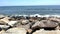 Calm ocean waves rolling on to the rocks on the coast of Rhode Island