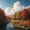 Calm panoramic countryside landscape with quiet river and motley autumn colorful forest after it under blue