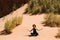 Calm peaceful concept. Girl relaxing meditation in Wadi Rum desert, Jordan. Travel lifestyle, summer vacations, retreat.