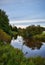 Calm river with reflections against a cloudy sky