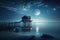 Calm Sea Relaxing at a Zen Pier With a House at the End, With Reflection in a Full Moon Night Sky - Generative AI