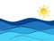 Calm Sea view in Summer time with Sunny Weather info icon. Morning Sunrise. 3D Layered Paper Cut out Water Waves. Craft