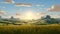 Calm and Serene Countryside Sunrise with Majestic Rolling Hills and Rustic Farmhouse