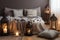 calm and serene room with warm blankets, pillows, and lanterns