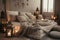 calm and serene room with warm blankets, pillows, and lanterns